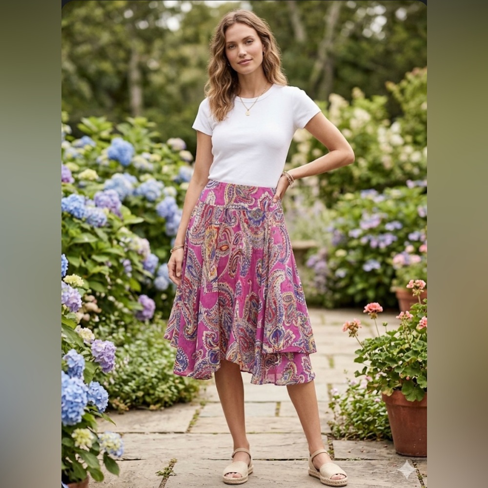 Vintage Lauren Ralph Lauren Petite Pink Paisley Cotton A-Line Skirt - PS